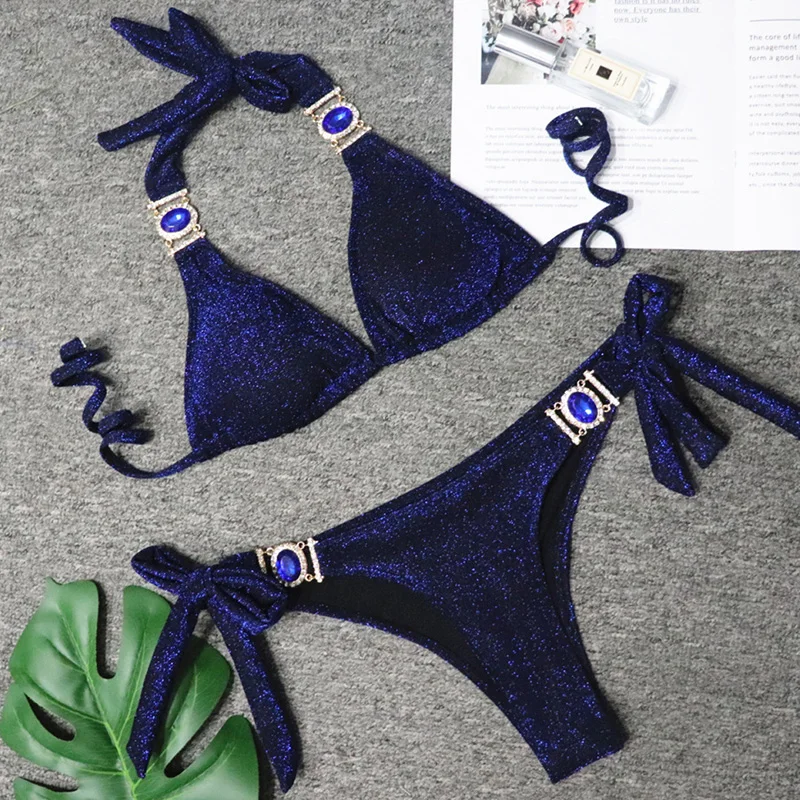 Online Glänzenden Strass Bikini 2019 Kristall Diamant Badeanzug Frauen Metall Ketten Bademode weiblichen Bikini set Bandeau Halfter Badeanzug