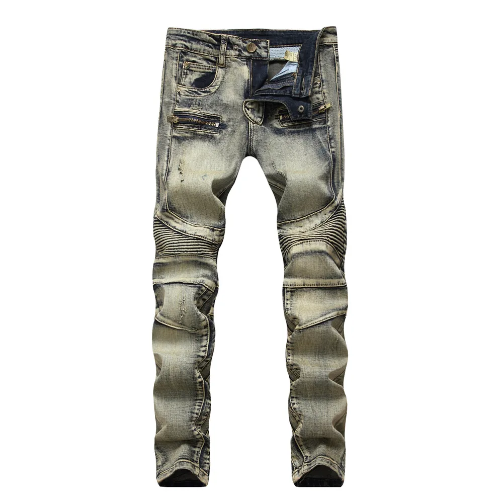 Newsosoo New Fashion Mens Retro Biker Jeans Slim Fit Straight Vintage Pleated Motorcycle Denim Trousers For Male Size 29-38