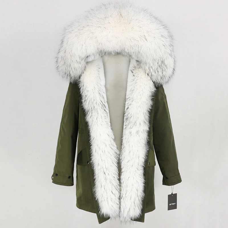 Зимняя женская куртка, водонепроницаемая длинная парка, пальто с натуральным мехом, большой натуральный мех енота, капюшон, уличная одежда, съемная верхняя одежда, Новинка - Цвет: green white