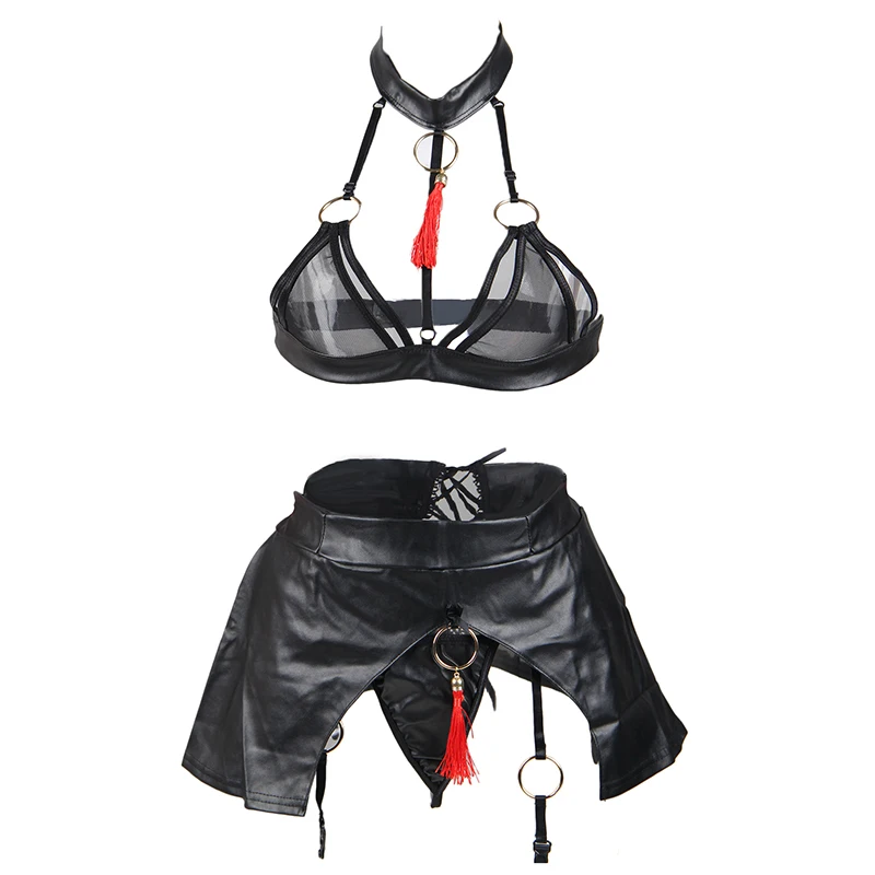

Disfraz Mujer Sexy Hot Leather Sexy Lingerie Set Exotic Apparel Open Butt See Though Lingerie Garter Set Sexy Costumes R80229