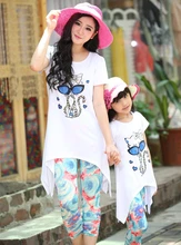 Nouveau 2017 Filles Clothing Famille Tenues D’été Fille Robe Fleur Chat Enfant Enfants Hoodies Enfant Enfants T-shirts + Pantalon