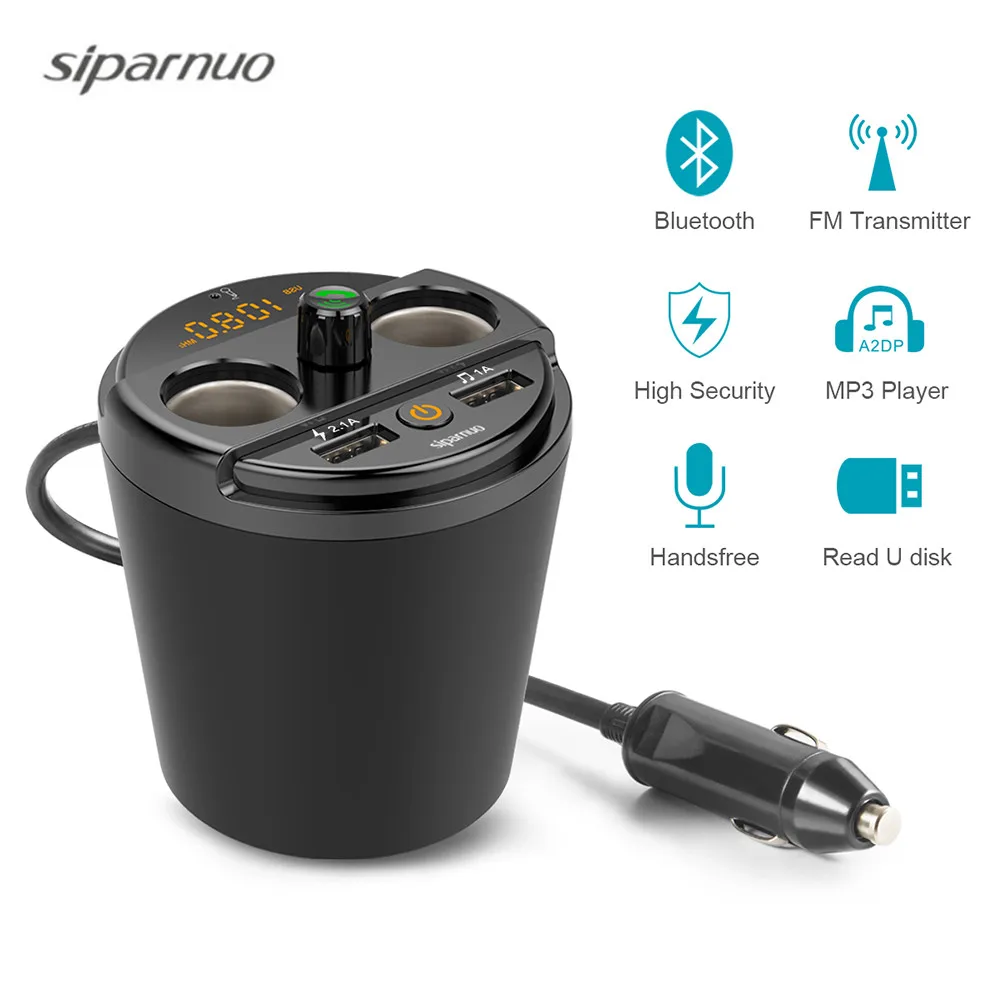 siparnuo Bluetooth Car Kit Cup Holder FM Transmitter Handsfree USB