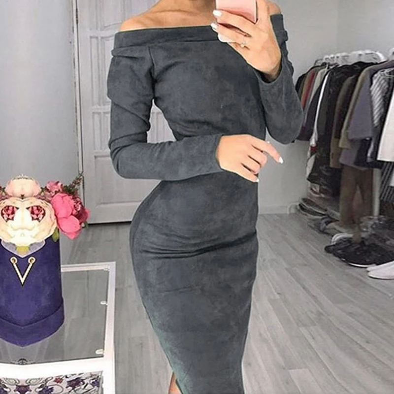 2018 Sexy Bodycon Off Shoulder Autumn Winter Women Dress Female Womens Holiday Party Casual Dresses Femme Solid Color Vestidos