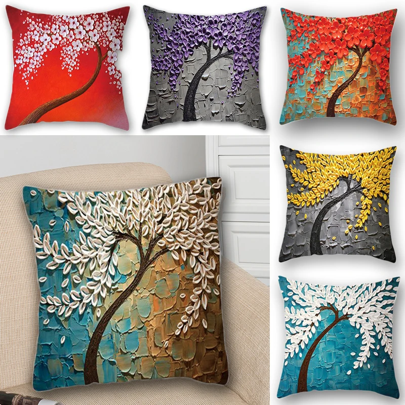 

1PC Linen Square Pillow Cotton Home Oil painting tree Gift Pillowcase