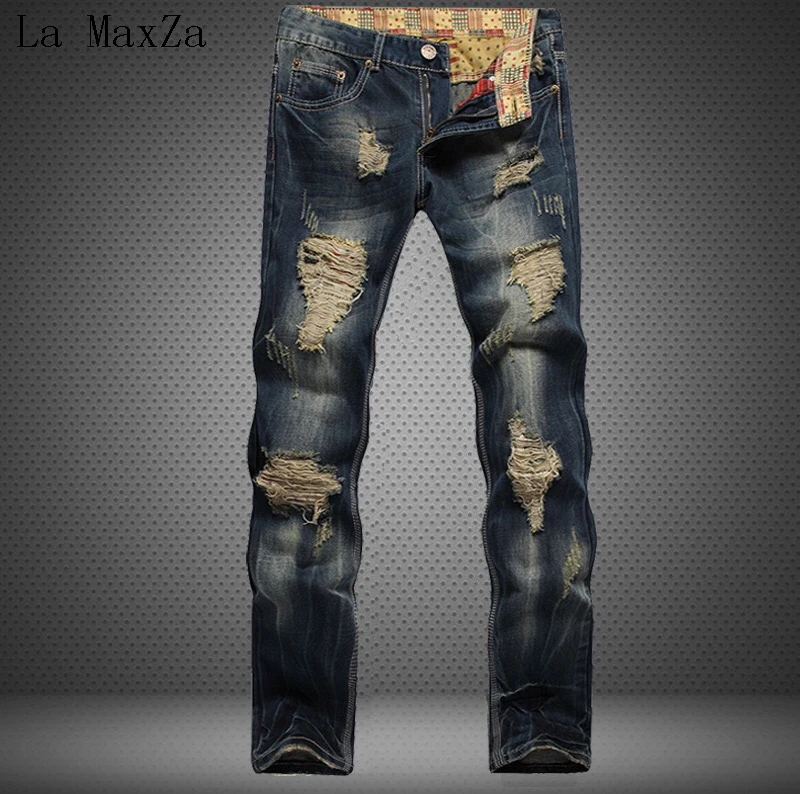 Koop Plus Size 42 Vintage Gewassen Hole Ripped Biker Denim Jeans Rechte Broek Stretch Denim Mannen Jeans Broek
