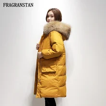 Новинка зимы, женский пуховик с капюшоном и воротником из натурального меха, высокое качество, модные однотонные Цветные парки, длинное повседневное пальто Q823
