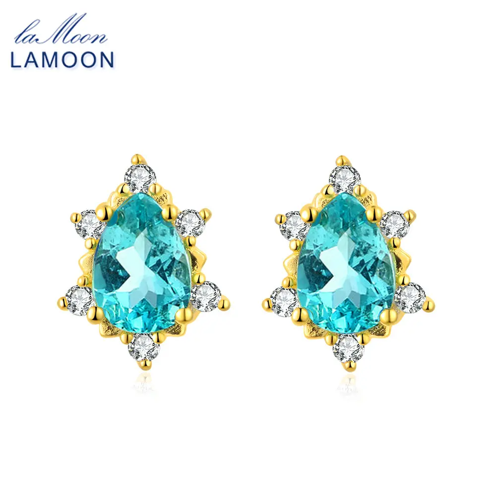 

LAMOON 5x7mm 2ct 100% Natural Pear Cut Blue Apatite 925 sterling silver jewelry Stud Earring S925 LMEI048