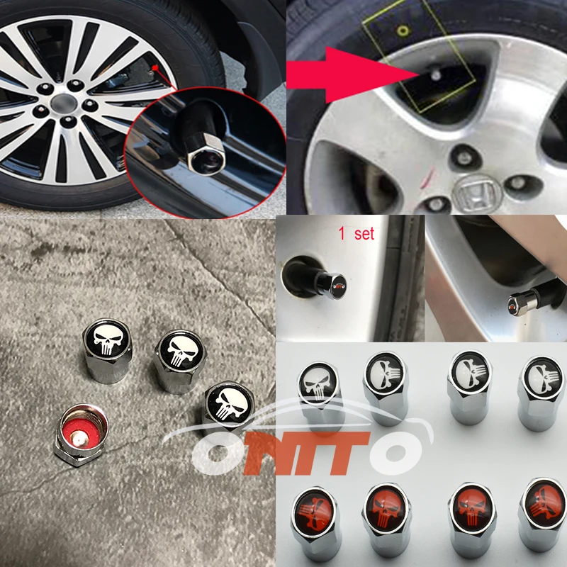 

2018 New 1set auto wheel tire valve cover All car wheel valve stem cap metal 6corners for Bone Skull Punisher logo badge