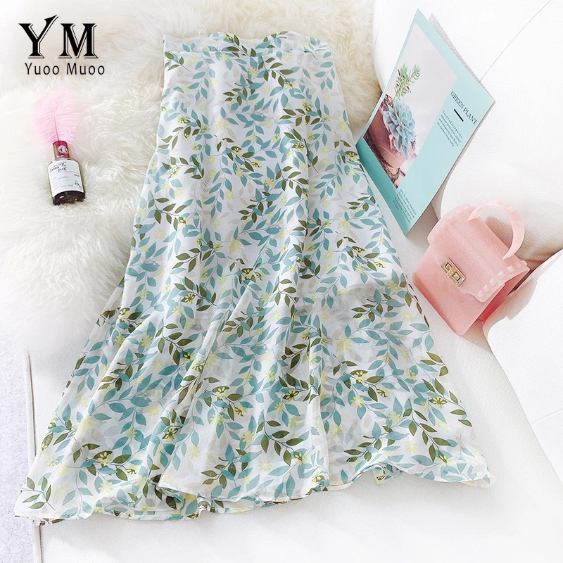 

YuooMuoo 2019 Summer Women Elegant Midi Skirt Fashion Brand A-line Female Chiffon Skirts High Waist Retro Print Ladies Skirt
