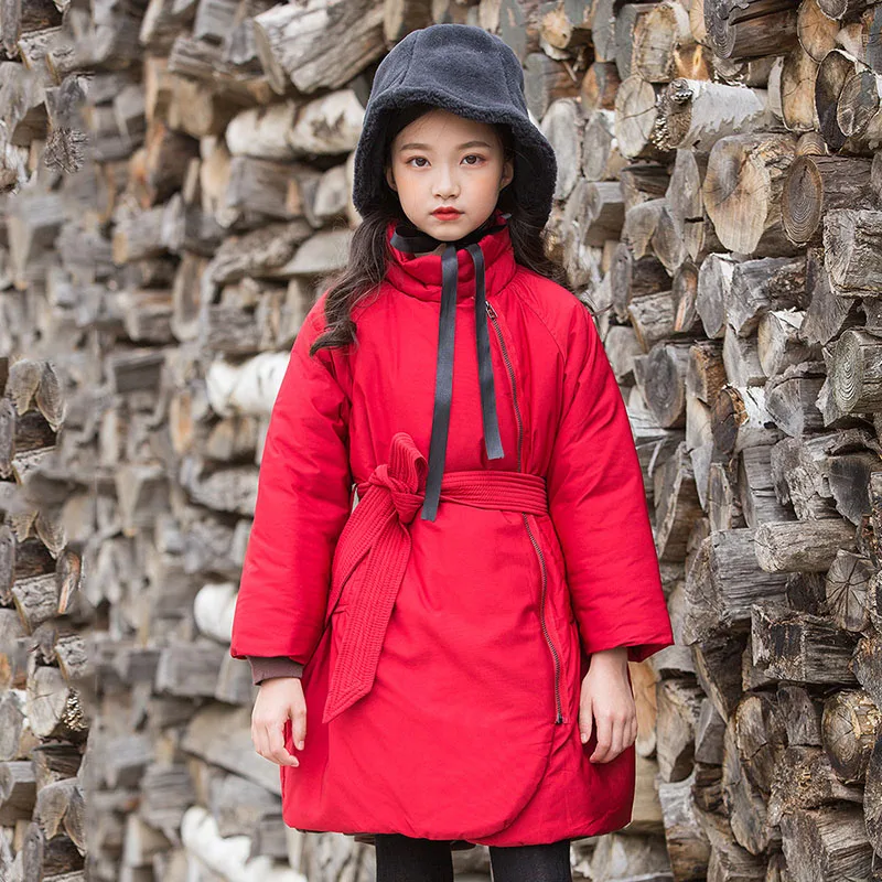 

long solid belt padded baby big girls snowsuit coats & jacket winter girl outerwear tops clothing children cotton parkas kids