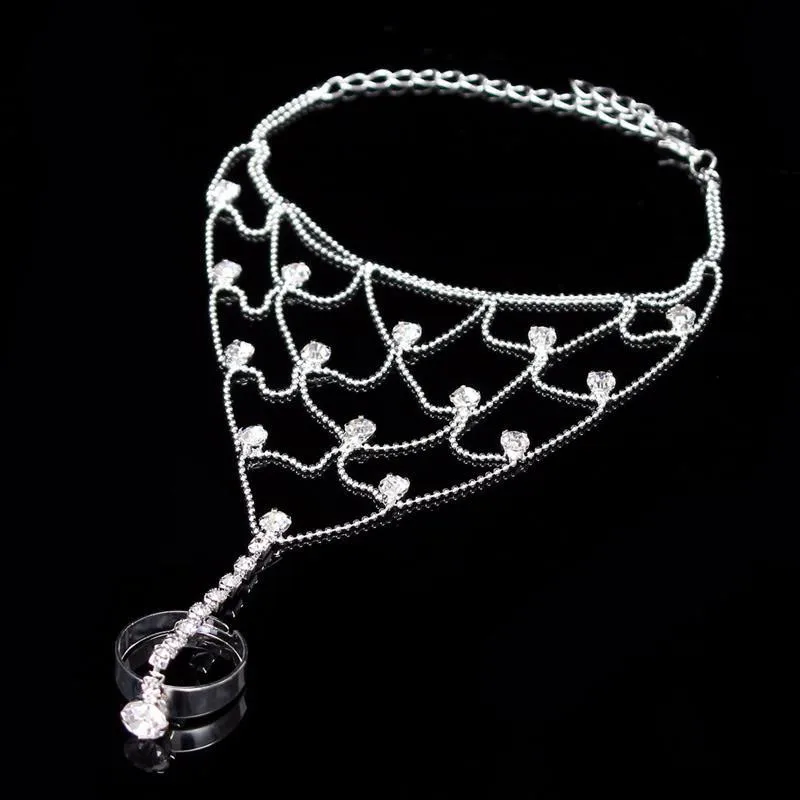 Модный женский браслет из сетчатой сетки, браслет-цепочка с кольцом на палец, браслеты с кристаллами, свадебные украшения для вечеринки