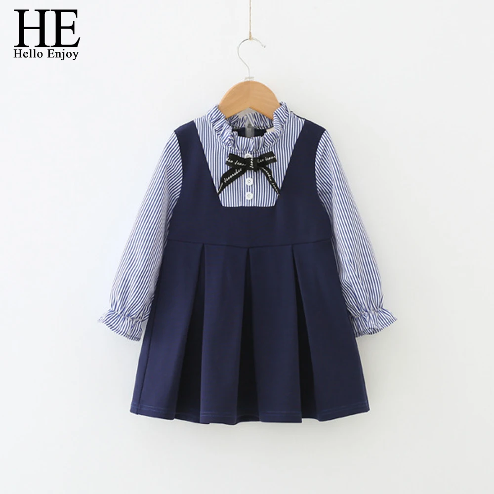 

HE Hello Enjoy Girls Dress Autumn Fashion Long Sleeve Stripe Bow Princess Dress Costumes Girl Gown Dress Children Clothing
