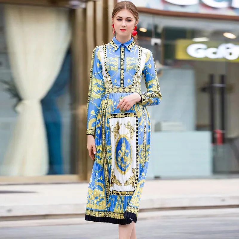 

women vintage long sleeve blue print long pleated dress ladies summer colorful long dress 2019