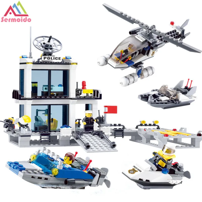 

sermoido Toys Minecraft Police Station Building Blocks Helicopter Boat Model Bricks Set Compatible With Legoings City Toy Gift
