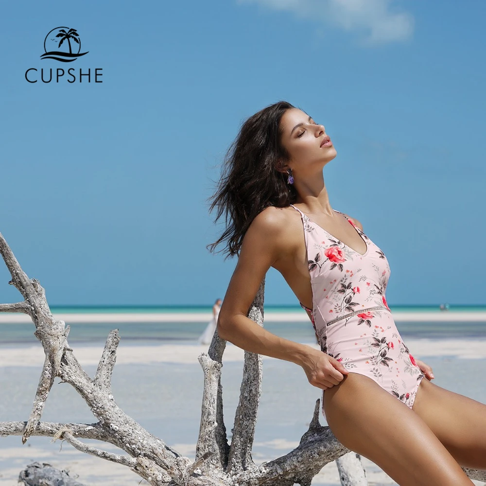 CUPSHE 2020 розовый цветочный принт цельный купальник женский Глубокий v образный