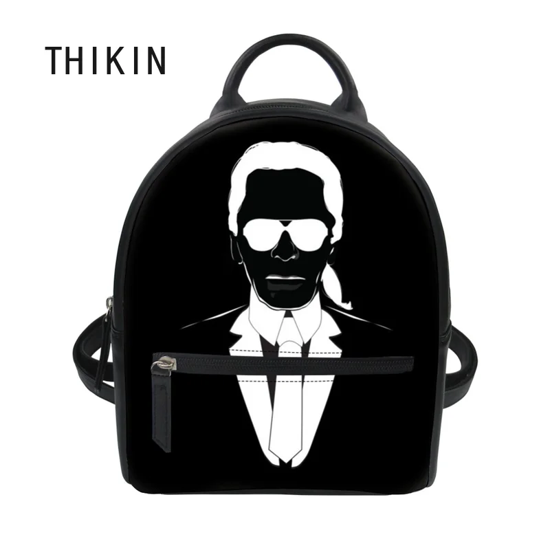 

THIKIN Causal Black PU Backpack Women Karl Lagerfelds Print Small Shoulder Bags for Girls Female School Bookbag Daypack 2019