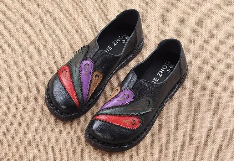 Модная женская обувь; женская обувь из натуральной кожи смешанных цветов на ровной подошве; обувь ручной работы в народном стиле; женские повседневные лоферы на мягкой подошве - Цвет: Черный