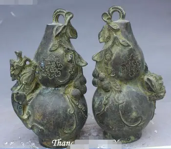 

Old Chinese Bronze Pixiu Beast Golden Toad Spittor Bottle Gourd Cucurbit Pair