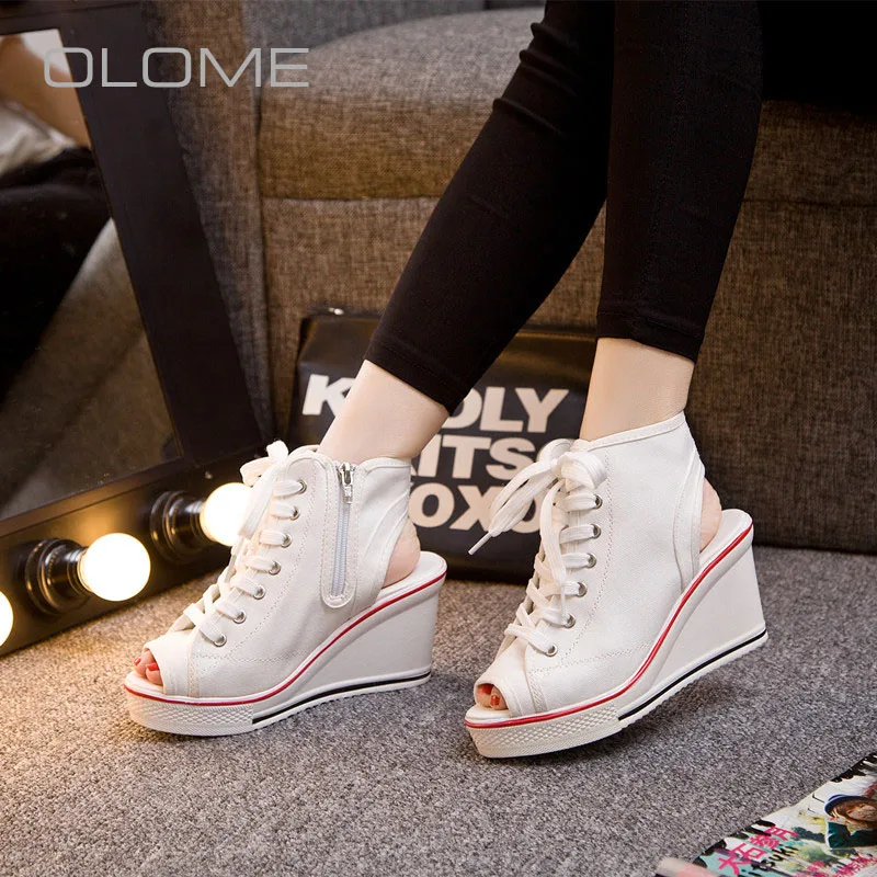 

OLOME Super fire Wild Summer wedge sneakers high heel zippered fishnet sandals new women's shoes Large size