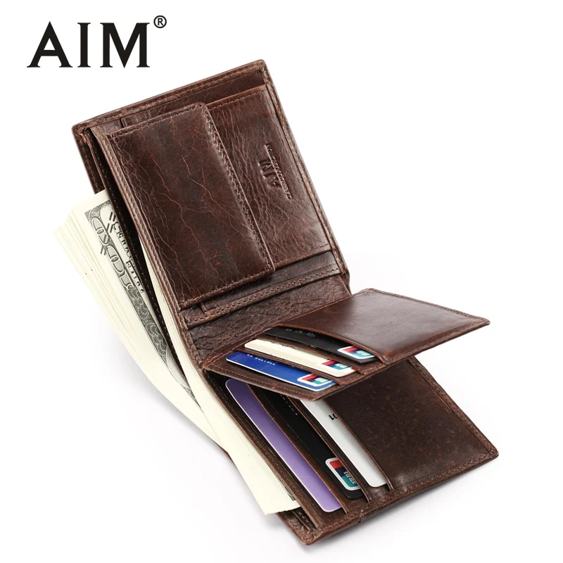 

AIM Men Wallets Male Purse Genuine Leather Wallet with Coin Pocket Vintage Short Card Holder Wallets Men Leather Wallet SMT002FS