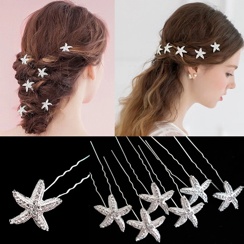 

White 6sets Shiny Wedding Hairpin Starfish Rhinestone Pearl U-shaped Bun Bride Stick Queen Jewelry Ornament Hair Fork Accessory