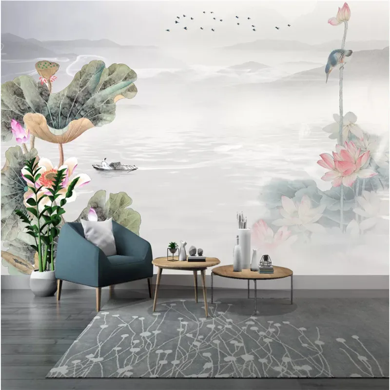 Chinese Watercolor Lotus Pond Landscape Mural Wallpapers for Living Room Bedroom Study Plain Elegant Wall Paper 3D | Обустройство