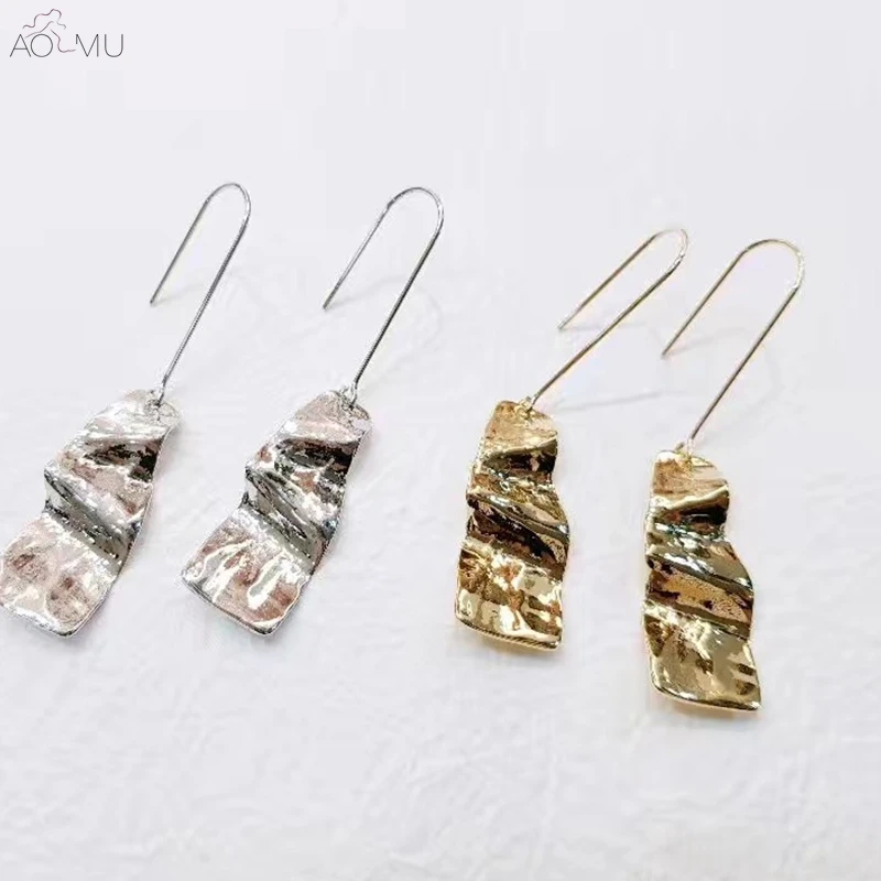 

AOMU 2019 New Gold Silver Geometric Irregular Square Twisted Fold Metal Long Dangle Earrings for Women Girl Party Jewelry