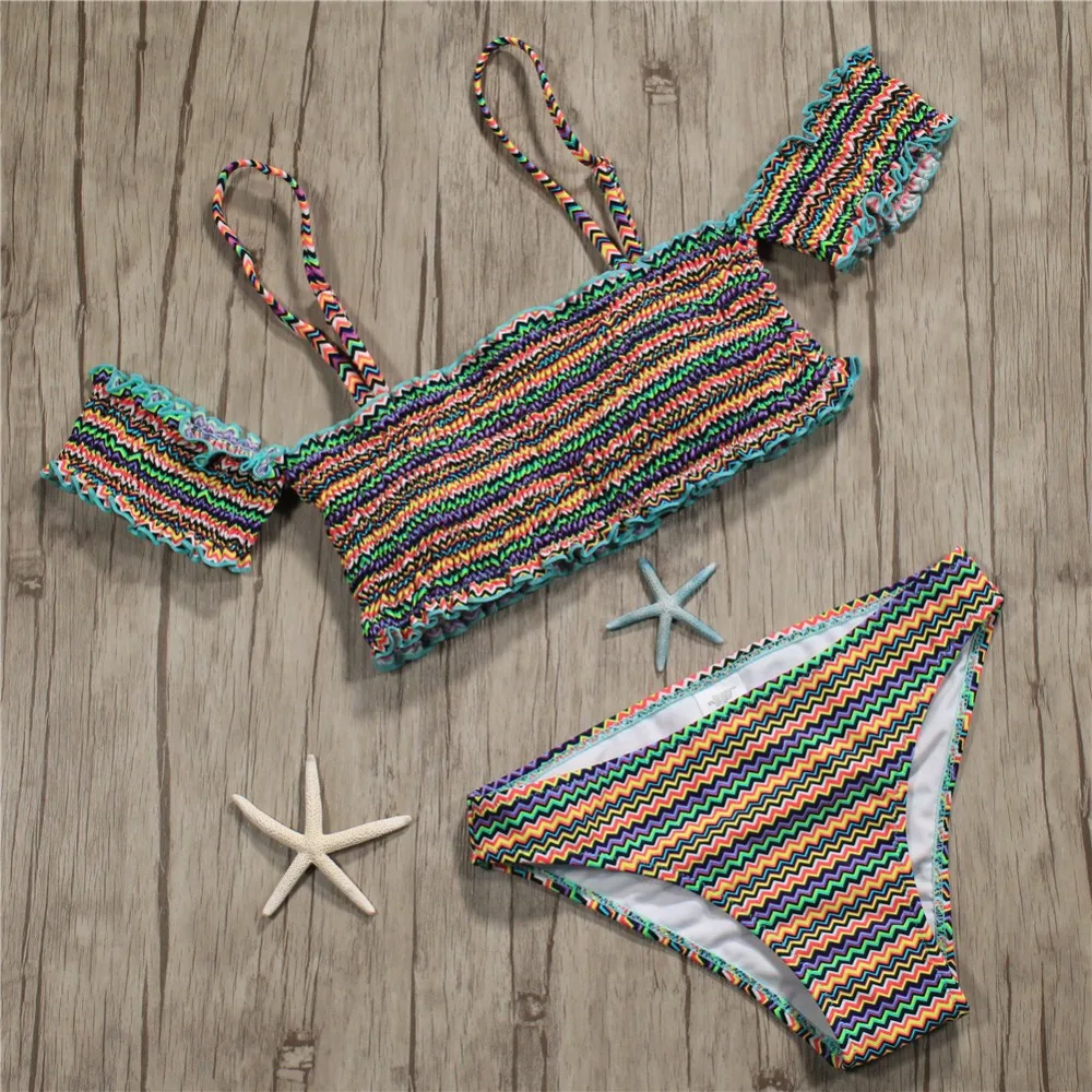 Midou Off Shoulder Bikini Set Colorful Crochet Top Women Beach Cover Up