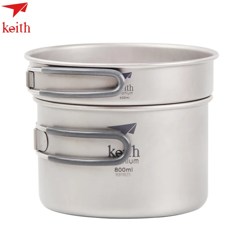 Keith 2PCS Titanium Pot Set Titanium Cookware Outdoor Camping Picnic Pot Set Cookware Pot + Frying Pan 