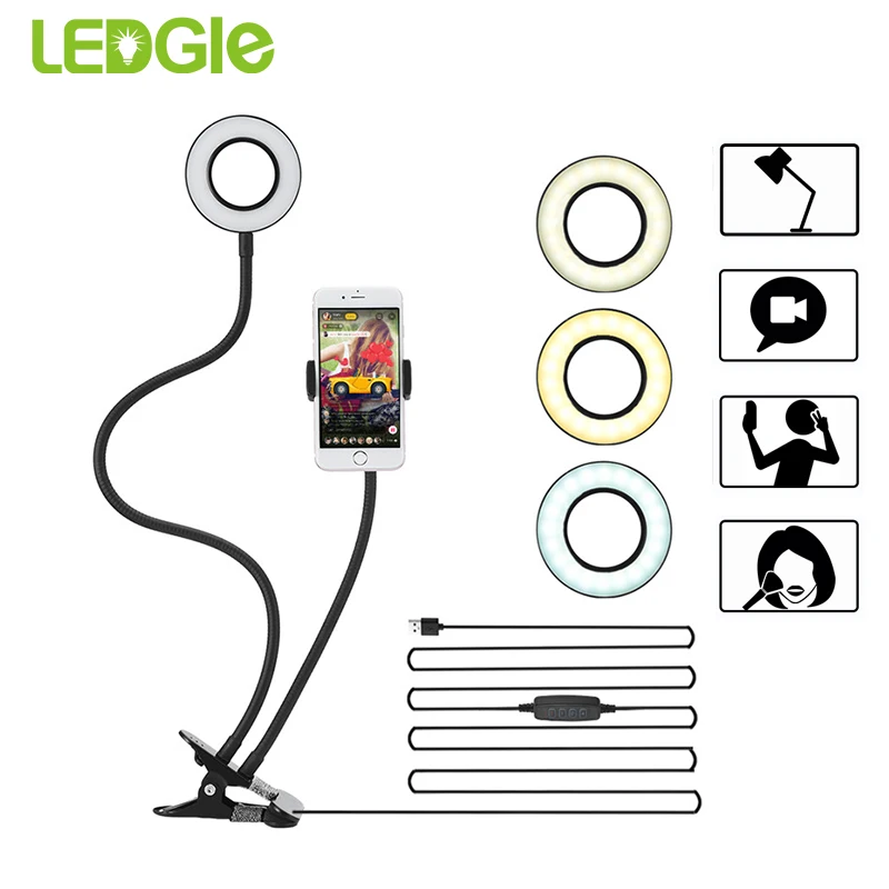 

LEDGLE 10-Level Brightness table lamp Mini Camera Light for Makeup Selfie Live Stream Modern Led Desk Lamps 5W 2-in-1 Ring Light