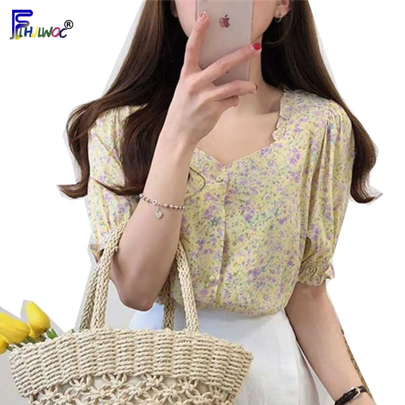 

Summer Cute Tops Woman Casual Korea Japan Preppy Style Girls Designa Floral Printed Button Shirt Blouse Pink Yellow 7103