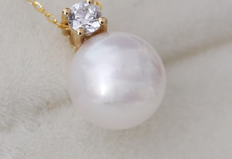 Real diamond princess pendant 8.5-10.5mm Natrual round pearl charm necklace in 18k Au750 gold with 45cm chains for women ladies (6)