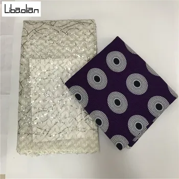 

2.5 +3yards latest Sequins net lace embroidery African batik cotton wax & Net lace cotton popular Dubai style X97-5