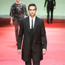 Последний дизайн пальто брюки Черное длинное пальто 3 шт. мужские костюмы Выпускной Masculino Trajes De Hombre пиджак для жениха(куртка+ брюки+ жилет+ галстук