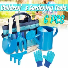 6PC Kids Garden Tools Set Outdoor Toys For Children Sturdy Tote Metal Tools Wooden Handle Beach Sandbox Toy Early Learning Guide