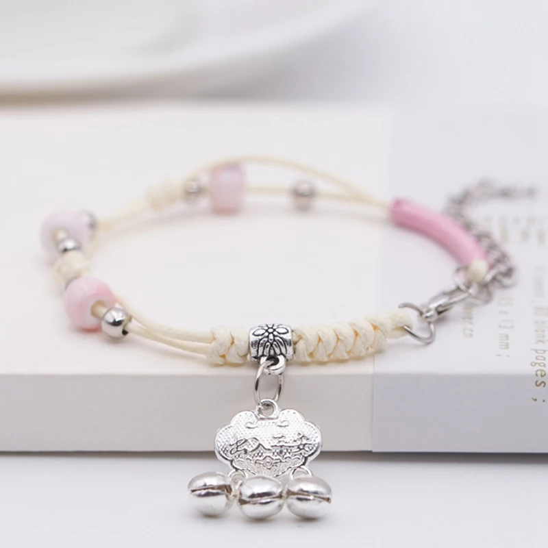 Women Cute Pink Rope Chain Romantic Decoration Hand-woven Bell Ceramics Concentric Lock Bell Pendant Bracelet