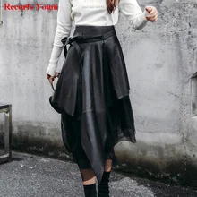 Весна Южнокорейский стиль Леди Натуральная кожа 85 см длинная юбка макси с поясом Женская Новинка нестандартный тюль вуаль юбка пачка Saia