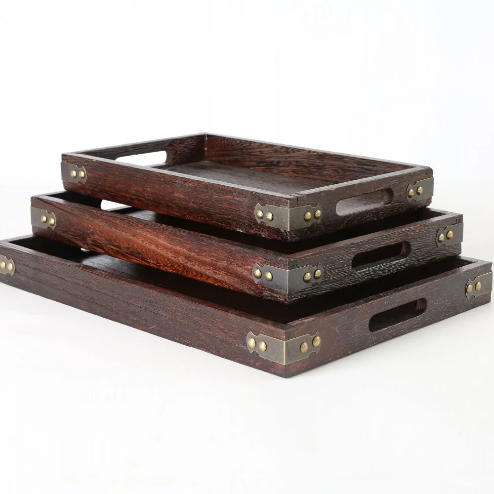 Набор из 3 темно-коричневых деревянных поддонов в античном стиле с вырезами и ручками, деревянный поднос, сервировочный стол для чая Гонг-фу