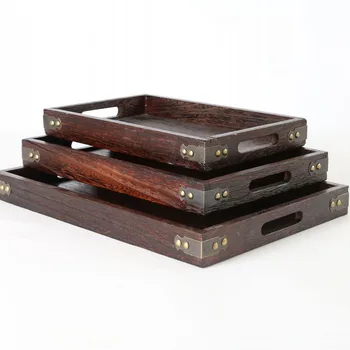 

Set of 3 Antique Style Dark Brown Wood Nesting Serving Trays with Cut-Out Handles Wooden Tray Serving Table For Gong Fu Tea