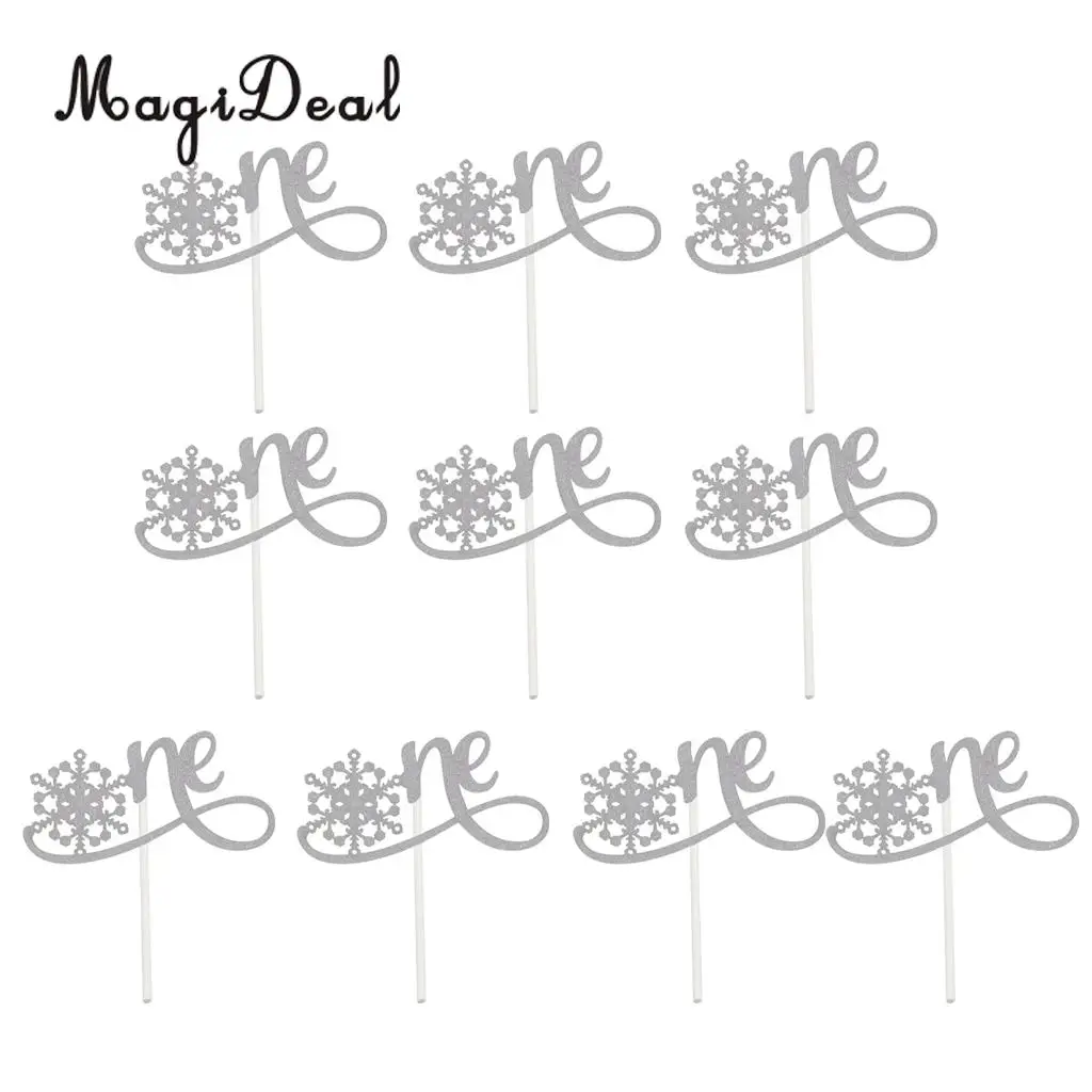 10pcs Glitter Snowflake One Cake Topper Baby 1st Birthday Christening Party Food Picks Photo Prop Silver/Gold