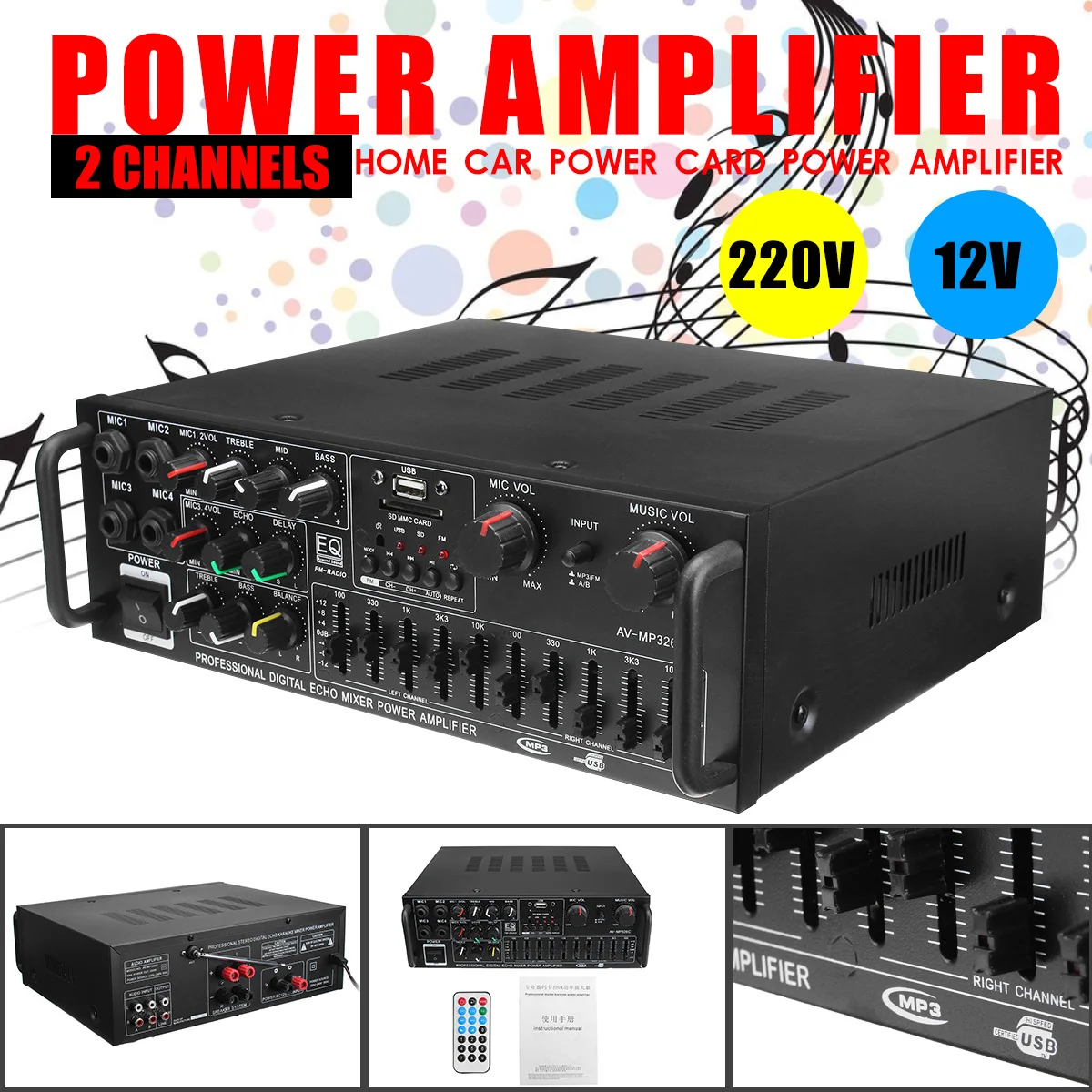 

Home Stage Car 220V 12V Professional 2 Channel 300w+300w Audio Power Amplifier AMP Stereo USB/SD Card Play Black Universal