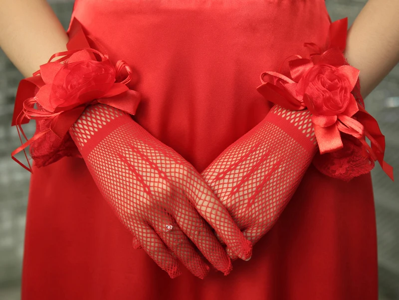 Кружевные короткие красный палец сетки пикантные девушки цветка невесты женские танцевальное вечерние Перчатки