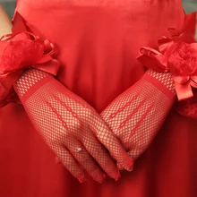 Кружевные короткие красный палец сетки пикантные девушки цветка невесты женские танцевальное вечерние Перчатки