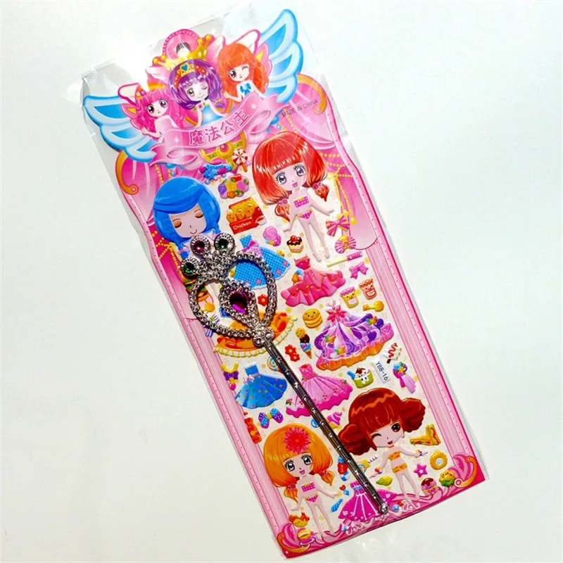 2 Sheets Cute Changing Clothes Girls DIY Dress Up Scrapbooking Bubble Stickers Emoji Reward Kid Toys with Magic wand