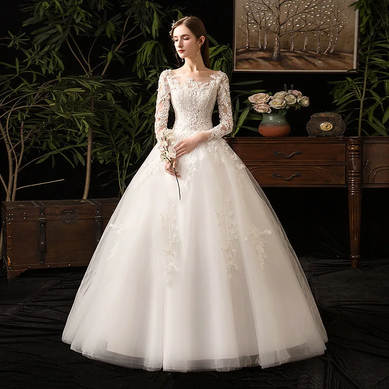 

2019 New O Neck Long Sleeve Wedding Dress Beautiful Lace Applique Lace Up Floor Length Slim Simple Bridal Gown Vestido De Noiva