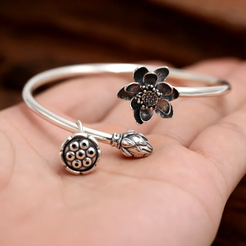 

Bracelets & Bangles Real 925 Sterling Silver Lotus Bangle For Women Vintage Bracelet Manchette Femme