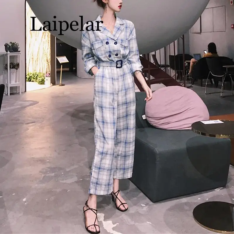 

Laipelar women blue double breasted notched collar plaid jumpsuit full length work office lady