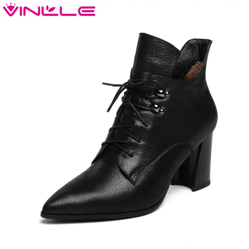 

VINLLE 2019 Women Shoes Ankle Boots Square High Heel Leather+PU Western Style Zipper Ladies Motorcycle Shoes Size 34-43