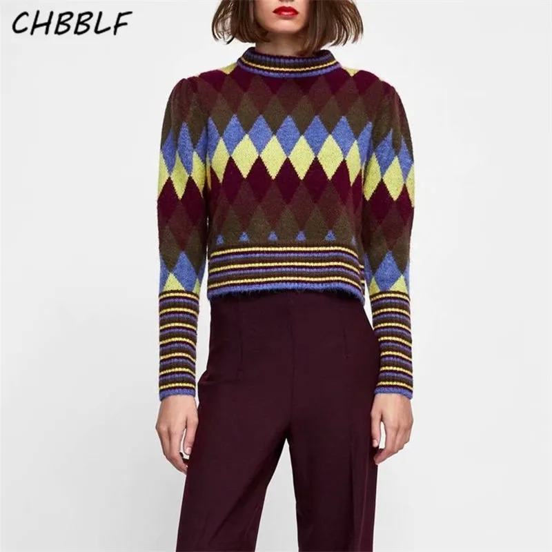 

CHBBLF women geometric pattern knitted sweater shot style long sleeve retro elastic pullovers female chic tops O8841