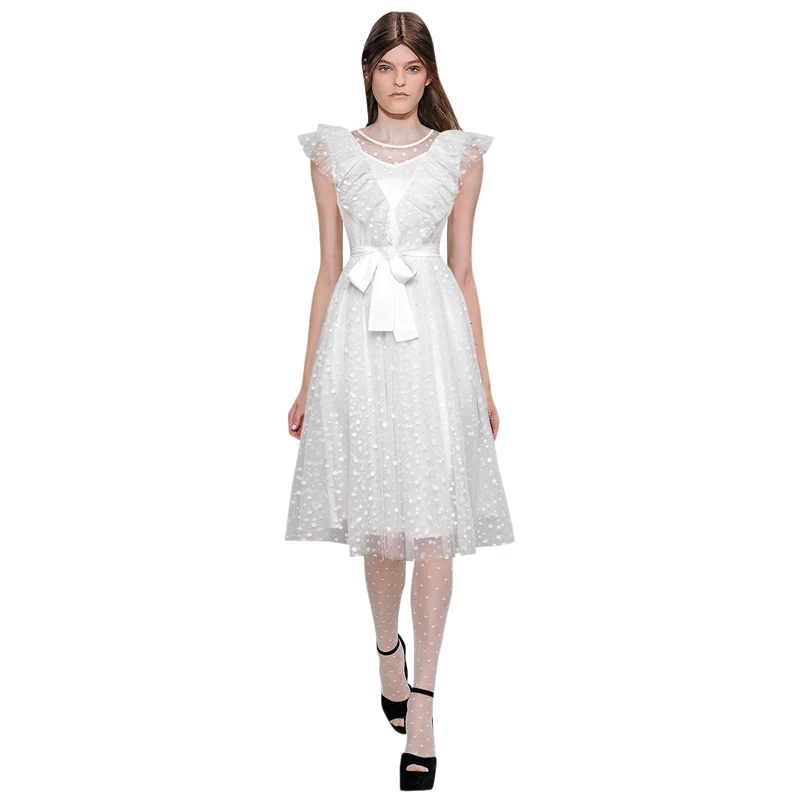 

princess white party dress for women vintage polka dot dress sleeveless sash belt knee length ruffle mesh dress dinner gown